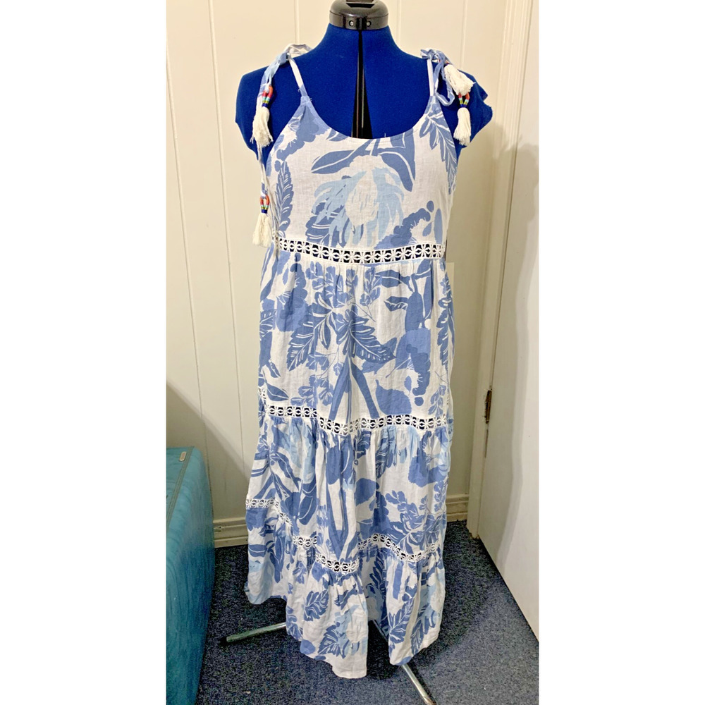 Rachael Zoe Linen Blend Dress Medium Blue Floral Print Tiered Midi Resort Beachy